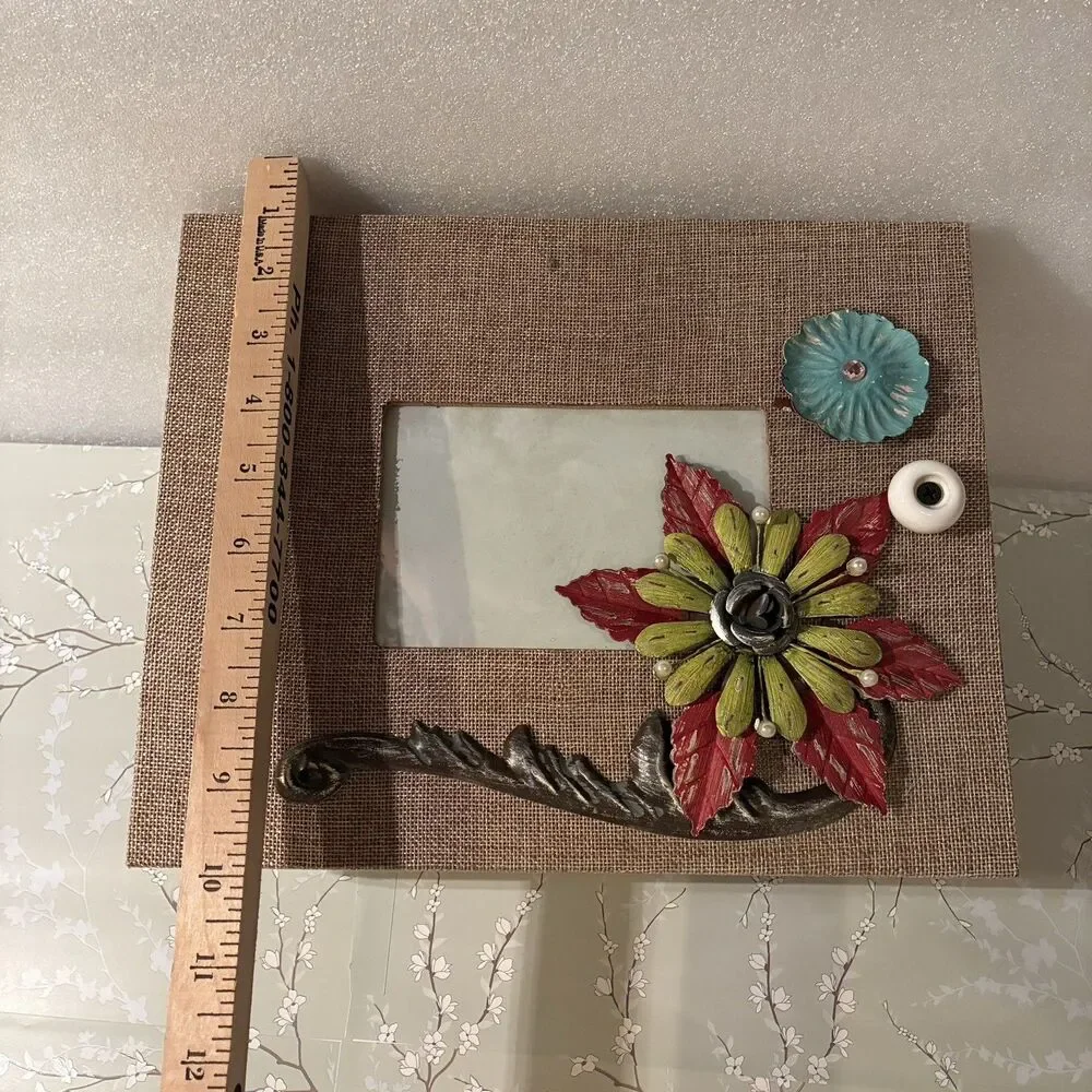 Picture Frame Wrapped In Burlap And Adorned W/ Metal Flowers & Knob. 4”x6” Pic.